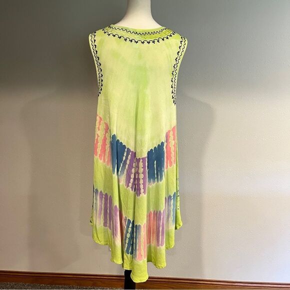 Embroidered scoop neck sleeveless tie dye knee length a-line swing dress - Picture 8 of 14